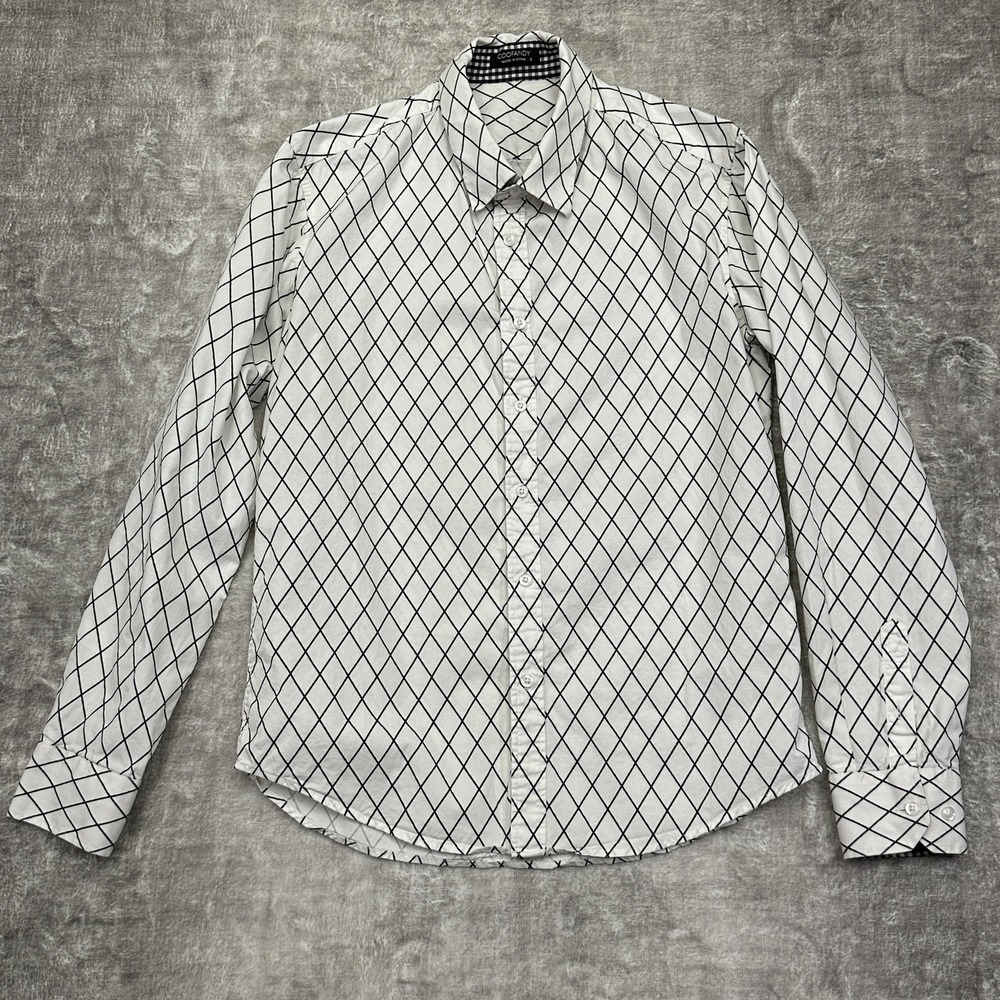 Coofandy Shirt Mens Small White Black Diamond Plaid Button Up Long Sleeve Casual
